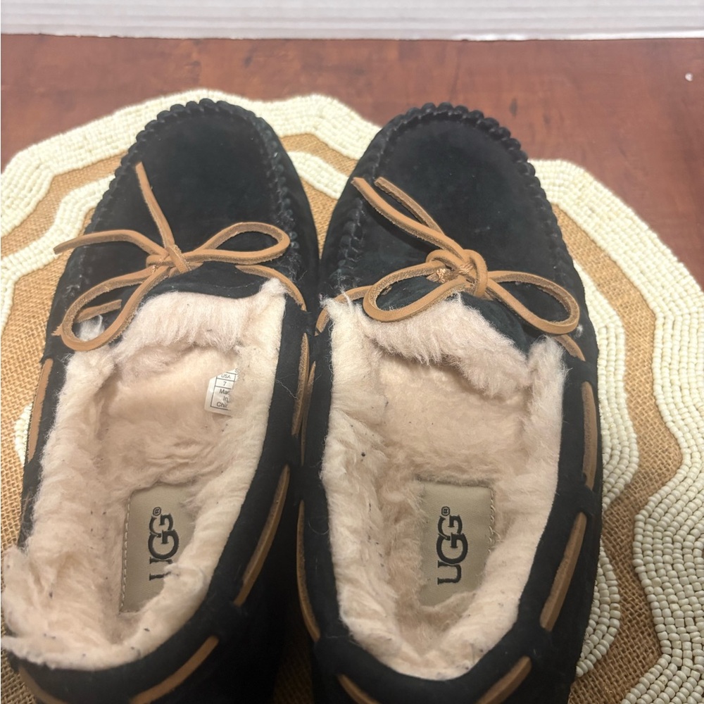 UGG Black Suede Shearling Moccasin with Tan Laces 7